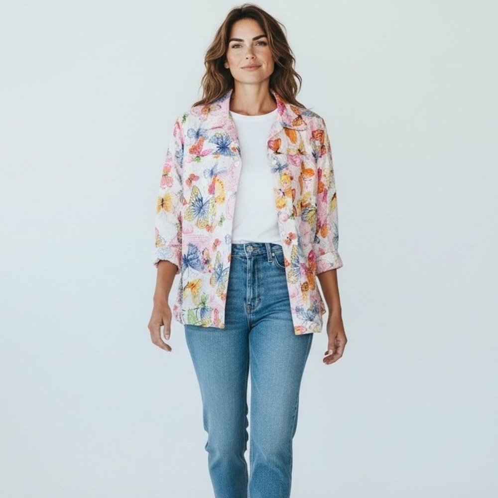Vintage Butterfly Eyelet Cotton Trucker Jacket 10 Pink Blue Floral Button Whimsy